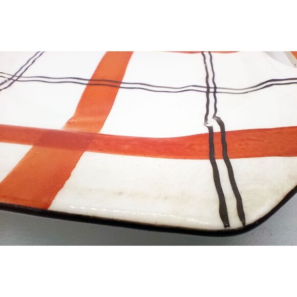 Red Plaid Serving Tray Takito Company Vintage Hand Painted Japan 10.25 In Crazed - Picture 15 of 16